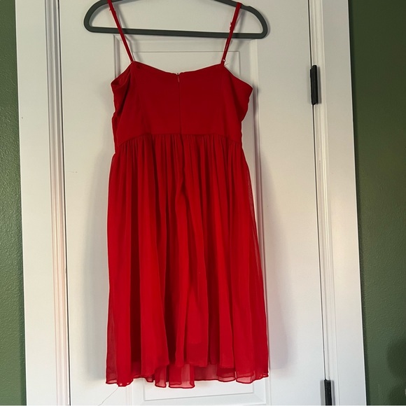 Red spaghetti strap dress with crinkle chiffon overlay - Picture 2 of 5
